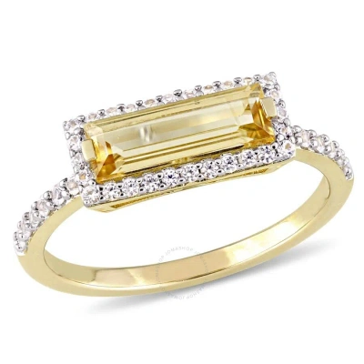Amour Baguette Cut Citrine And White Sapphire Halo Ring In Yellow Plated Sterling Silver In Gold