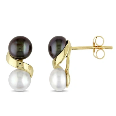 Amour Black And White Cultured Freshwater Pearl Earrings In 10k Yellow Gold
