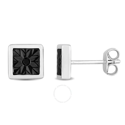 Amour Black Diamond Accent Square Men's Stud Earrings In Sterling Silver In White