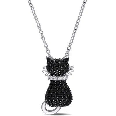 Amour Black Spinel And Created White Sapphire Kitty Cat Pendant With Chain In Sterling Silver With B