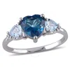 AMOUR AMOUR BLUE TOPAZ AND DIAMOND ACCENT TRIPLE HEART RING IN STERLING SILVER