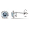 Amour Sterling Silver 1.06 Ct Tgw Sky Blue Topaz And 0.07 Ct Tgw Diamond Halo Stud Earrings In White