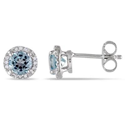 Amour Sterling Silver 1.06 Ct Tgw Sky Blue Topaz And 0.07 Ct Tgw Diamond Halo Stud Earrings In White