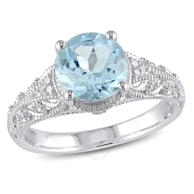 Amour Blue Topaz And Diamond Solitaire Vintage Ring In Sterling Silver In White
