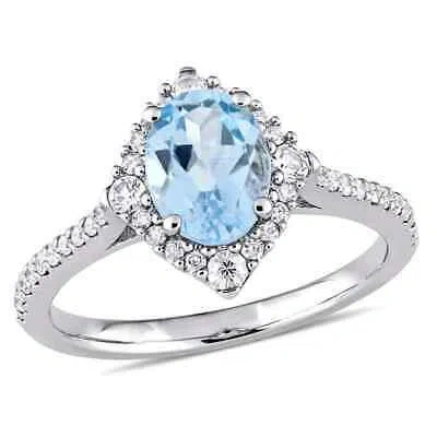 Pre-owned Amour Blue Topaz, White Sapphire And 1/4 Ct Tw Diamond Vintage Ring In 10k White