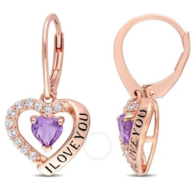 Amour C1 1/2 Ct Tgw Amethyst And White Topaz Heart 'i Love You' Leverback Earrings In Rose Plated St In Pink