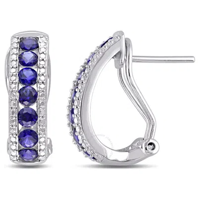 Amour Channel Set Created Blue Sapphire Earrings In Sterling Silver In White