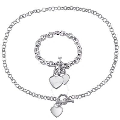 Amour Circle Link Heart Charm Necklace And Bracelet 2-piece Set In Sterling Silver In White