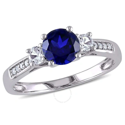Amour Created Blue And Created White Sapphire And Diamond 3-stone Engagement Ring In 10k White Gold