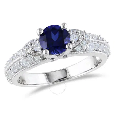 Amour Created Blue And Created White Sapphire Engagement Ring In Sterling Silver In Metallic