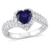 AMOUR AMOUR CREATED BLUE AND CREATED WHITE SAPPHIRE HEART HALO DOUBLE ROW RING IN STERLING SILVER
