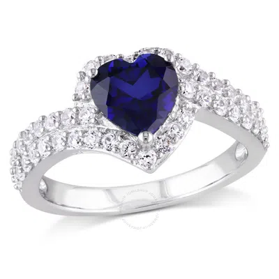 Amour Created Blue And Created White Sapphire Heart Halo Double Row Ring In Sterling Silver In Metallic