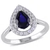 AMOUR AMOUR CREATED BLUE AND CREATED WHITE SAPPHIRE TEARDROP HALO RING IN STERLING SILVER