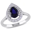 Amour Created Blue And Created White Sapphire Teardrop Halo Ring In Sterling Silver In White