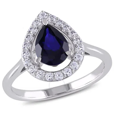 Amour Created Blue And Created White Sapphire Teardrop Halo Ring In Sterling Silver In Metallic