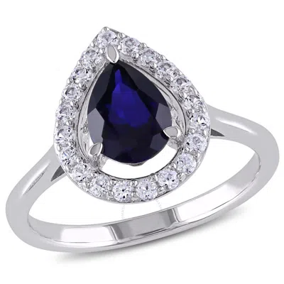 Amour Created Blue And Created White Sapphire Teardrop Halo Ring In Sterling Silver
