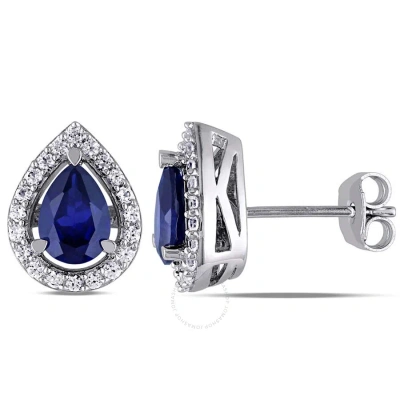 Amour Created Blue And White Sapphire Teardrop Earrings In Sterling Silver In Metallic