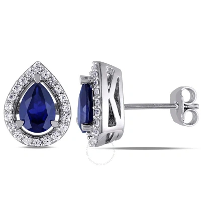 Amour Created Blue And White Sapphire Teardrop Earrings In Sterling Silver In Blue / Silver / White