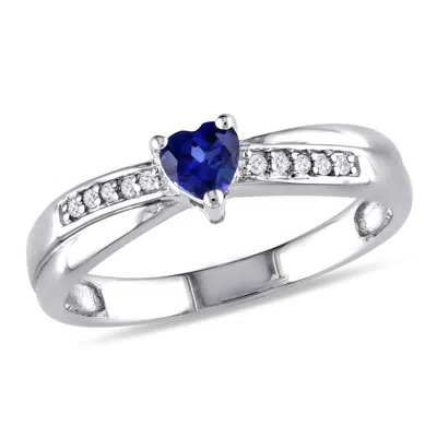 Amour Created Blue Sapphire And Diamond Accent Heart Ring In Sterling Silver In ["white"]