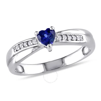 Amour Created Blue Sapphire And Diamond Accent Heart Ring In Sterling Silver In Green