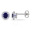 AMOUR AMOUR CREATED BLUE SAPPHIRE AND DIAMOND HALO STUD EARRINGS IN STERLING SILVER
