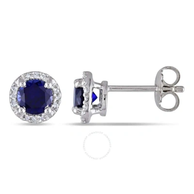 Amour Created Blue Sapphire And Diamond Halo Stud Earrings In Sterling Silver