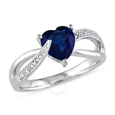 Amour Created Blue Sapphire And Diamond Heart Crossover Ring In Sterling Silver In Blue / Silver / White