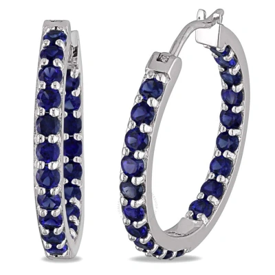 Amour Created Blue Sapphire Inside Outside Hoop Earrings In Sterling Silver In Blue / Silver