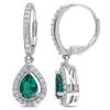 AMOUR AMOUR CREATED EMERALD AND WHITE SAPPHIRE TEARDROP LEVERBACK EARRINGS IN STERLING SILVER