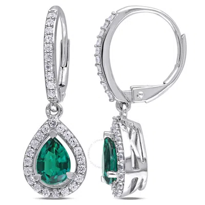 Amour Created Emerald And White Sapphire Teardrop Leverback Earrings In Sterling Silver In Metallic