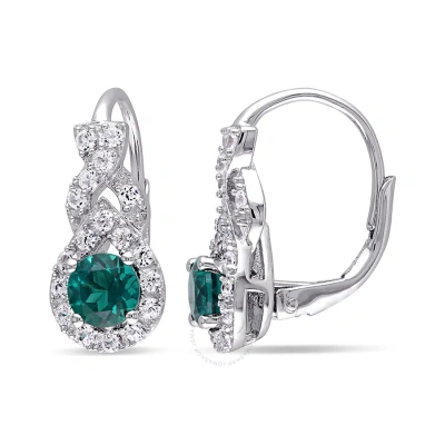 Amour Created Emerald And White Sapphire Twist Leverback Earrings In Sterling Silver In Green