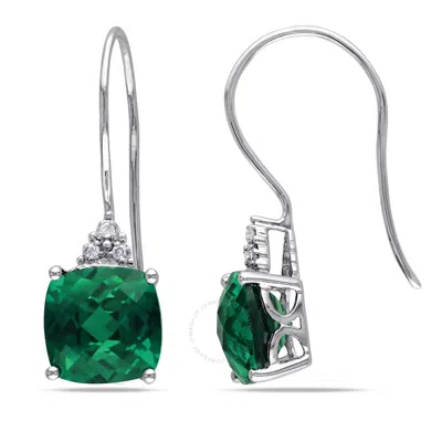 Amour Created Emerald Sapphire Earrings With Diamonds In 10k White Gold In Metallic