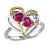 AMOUR AMOUR CREATED RUBY AND DIAMOND DOUBLE HEART RING IN 2-TONE YELLOW AND WHITE STERLING SILVER