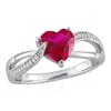 AMOUR AMOUR CREATED RUBY AND DIAMOND HEART CROSSOVER RING IN STERLING SILVER
