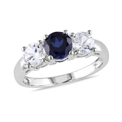 Pre-owned Amour Created White And Created Blue Sapphire 3-stone Engagement Ring In 10k