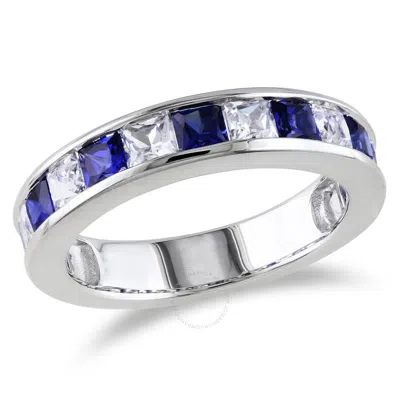 Amour Created White And Created Blue Sapphire Anniversary Band In Sterling Silver In Metallic