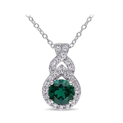 Amour Created White Sapphire And Created Emerald Teardrop Halo Pendant With Chain In Sterling Silver In Green