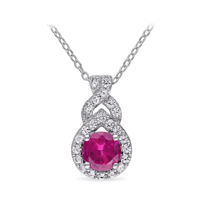 Amour Created White Sapphire And Created Ruby Teardrop Halo Pendant With Chain In Sterling Silver In Pink