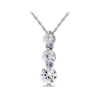 Pre-owned Amour Created White Sapphire Graduated 3-stone Pendant With Chain In 10k White