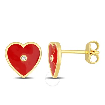 Amour Created White Sapphire Heart Enamel Heart Earrings In Yellow Plated Sterling Silver In Gold