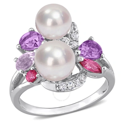 Amour Cultured Freshwater Pearl And 1 3/8 Ct Tgw Multi-gemstone Cocktail Ring In Sterling Silver In White