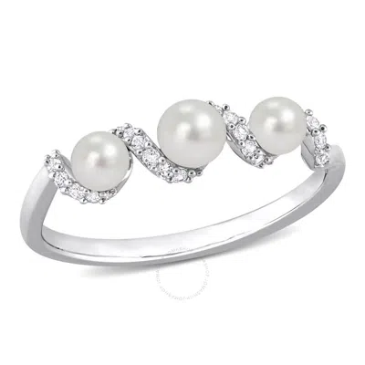 Amour Cultured Freshwater Pearl And 1/4 Ct Tgw Created White Sapphire Swirl Ring In Sterling Silver In Metallic