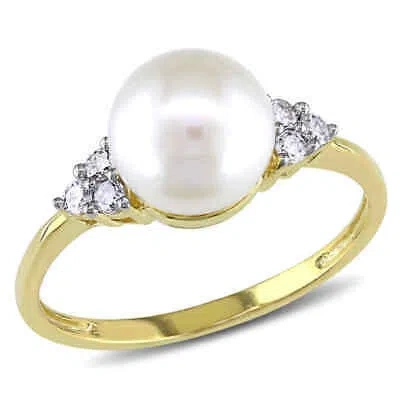 Pre-owned Amour Cultured Freshwater Pearl And 1/8 Ct Tw Diamond Ring In 10k Yellow Gold