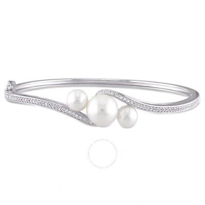 Amour Cultured Freshwater Pearl And Created White Sapphire Bangle In Sterling Silver