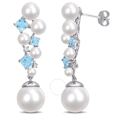Amour Cultured Freshwater Pearl And Swiss Blue Topaz And Diamond Accent Cluster Drop Earrings In Ste In White