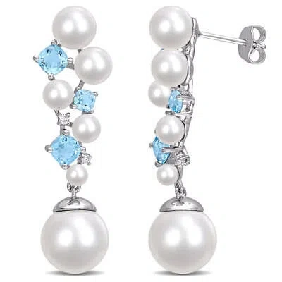 Pre-owned Amour Cultured Freshwater Pearl And Swiss Blue Topaz And Diamond Accent Cluster In White