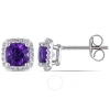 Amour Cushion Cut Amethyst-africa And 1/10 Ct Tw Diamond Halo Earrings In 10k White Gold In White