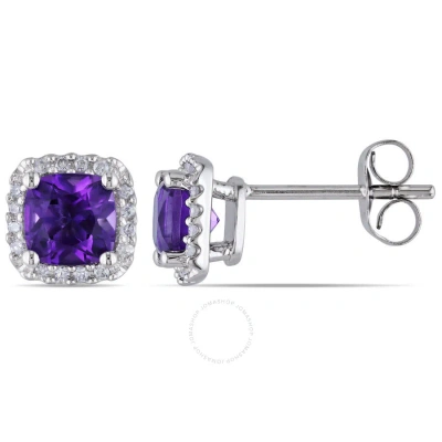 Amour Cushion Cut Amethyst-africa And 1/10 Ct Tw Diamond Halo Earrings In 10k White Gold