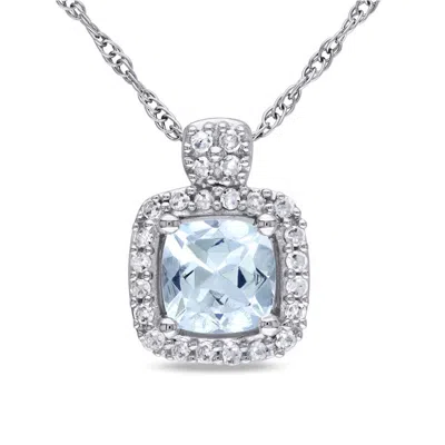 Amour Cushion Cut Aquamarine And 1/10 Ct Tw Diamond Pendant With Chain In 10k White Gold In Aqua / Aquamarine / Gold / White