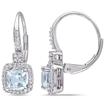 Amour Cushion Cut Aquamarine And 1/5 Ct Tw Diamond Halo Leverback Earrings In 10k White Gold